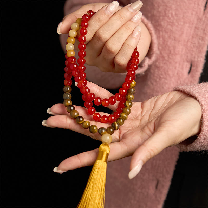 Buddha Stones 108 Mala Beads Czerwony Agat Tygrysie Oko Żółty Tassel Spokojna Bransoletka - image 3