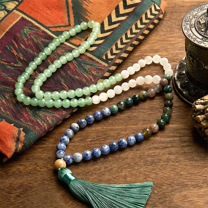 Buddha Stones 108 Koraliki Mala Naturalny Zielony Awenturyn Niebieski Jaspis Indyjski Agat Zielony Tassel Bransoletka Szczęścia