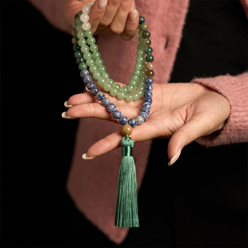 Buddha Stones 108 Koraliki Mala Naturalny Zielony Awenturyn Niebieski Jaspis Indyjski Agat Zielony Tassel Bransoletka Szczęścia