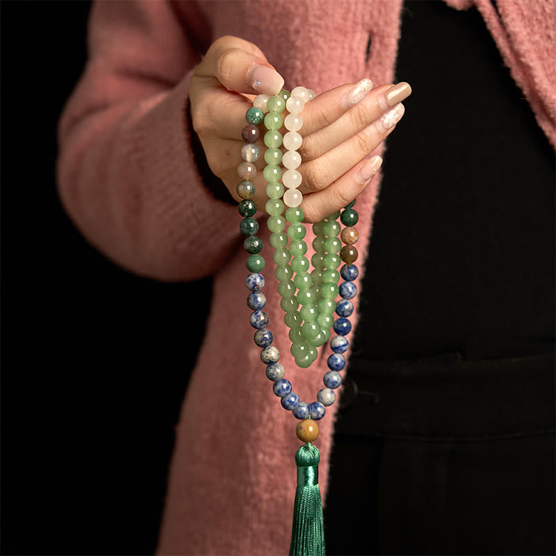 Buddha Stones 108 Koraliki Mala Naturalny Zielony Awenturyn Niebieski Jaspis Indyjski Agat Zielony Tassel Bransoletka Szczęścia