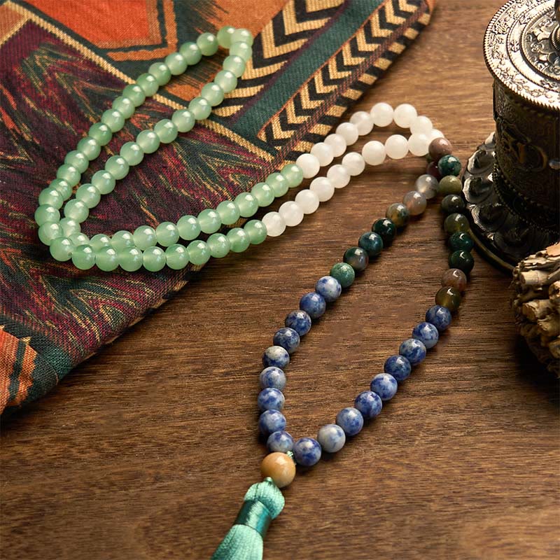 Buddha Stones 108 Koraliki Mala Naturalny Zielony Awenturyn Niebieski Jaspis Indyjski Agat Zielony Tassel Bransoletka Szczęścia