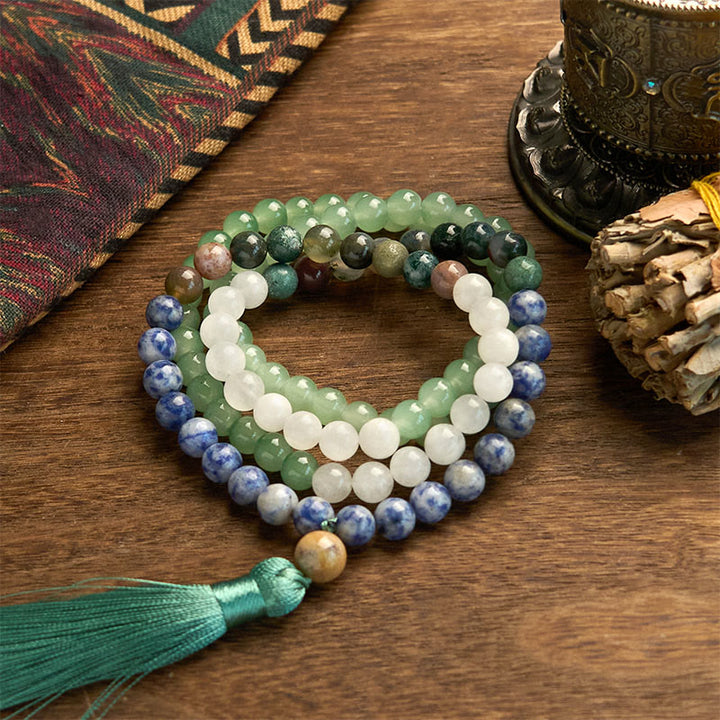 Buddha Stones 108 Koraliki Mala Naturalny Zielony Awenturyn Niebieski Jaspis Indyjski Agat Zielony Tassel Bransoletka Szczęścia