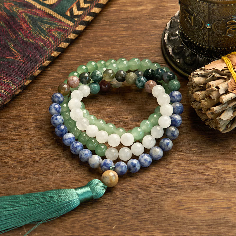 Buddha Stones 108 Koraliki Mala Naturalny Zielony Awenturyn Niebieski Jaspis Indyjski Agat Zielony Tassel Bransoletka Szczęścia