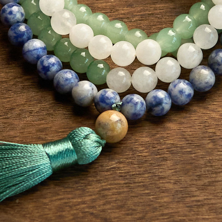 Buddha Stones 108 Koraliki Mala Naturalny Zielony Awenturyn Niebieski Jaspis Indyjski Agat Zielony Tassel Bransoletka Szczęścia