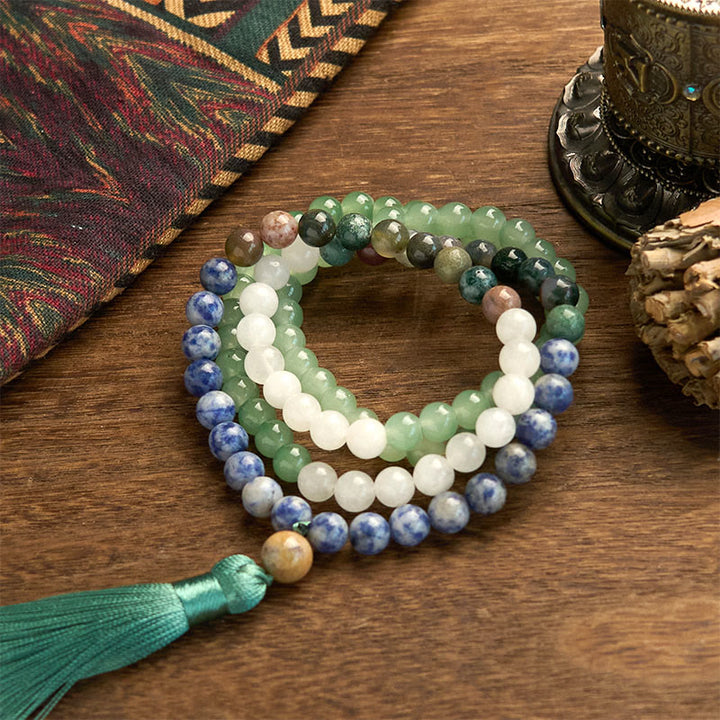 Buddha Stones 108 Koraliki Mala Naturalny Zielony Awenturyn Niebieski Jaspis Indyjski Agat Zielony Tassel Bransoletka Szczęścia