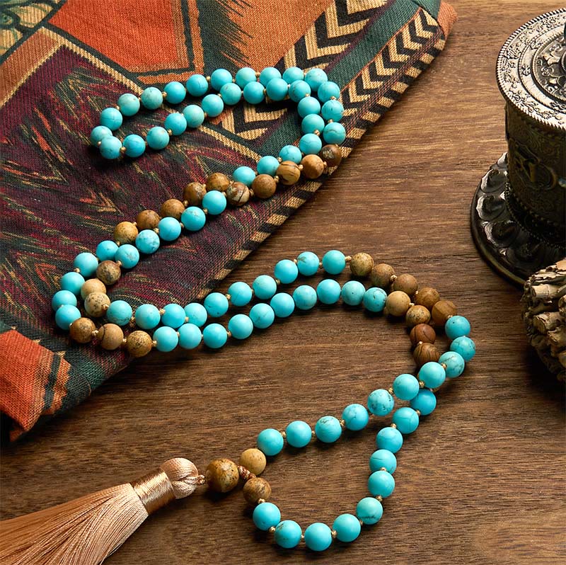 Buddha Stones 108 Mala Koraliki Turkusowy Obrazek Jaspis Koraliki Tassel Balance Bransoletka