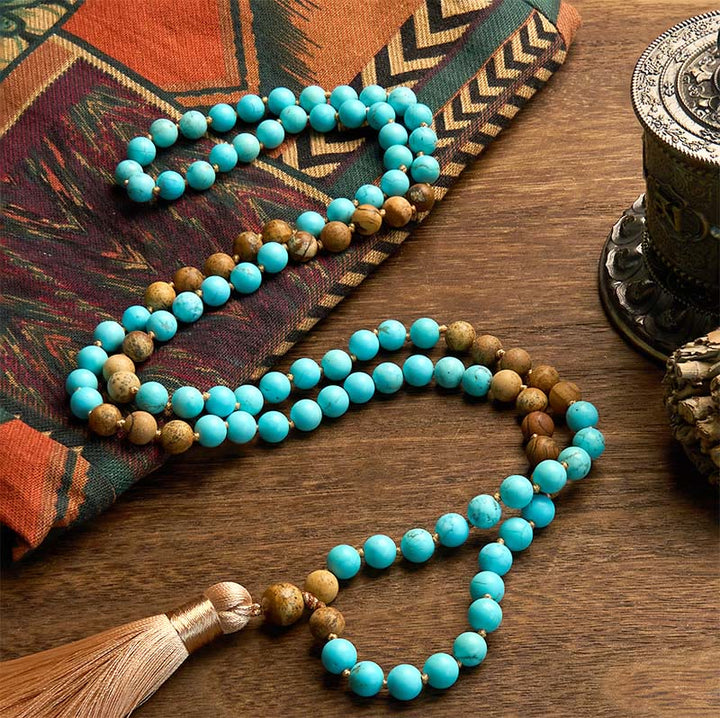 Buddha Stones 108 Mala Koraliki Turkusowy Obrazek Jaspis Koraliki Tassel Balance Bransoletka