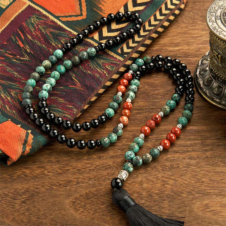 Buddha Stones 108 Mala Naturalny Czarny Onyks Czerwony Jaspis Turkusowe Koraliki Głowa Buddy Bransoletka Ochronna z Chwostem