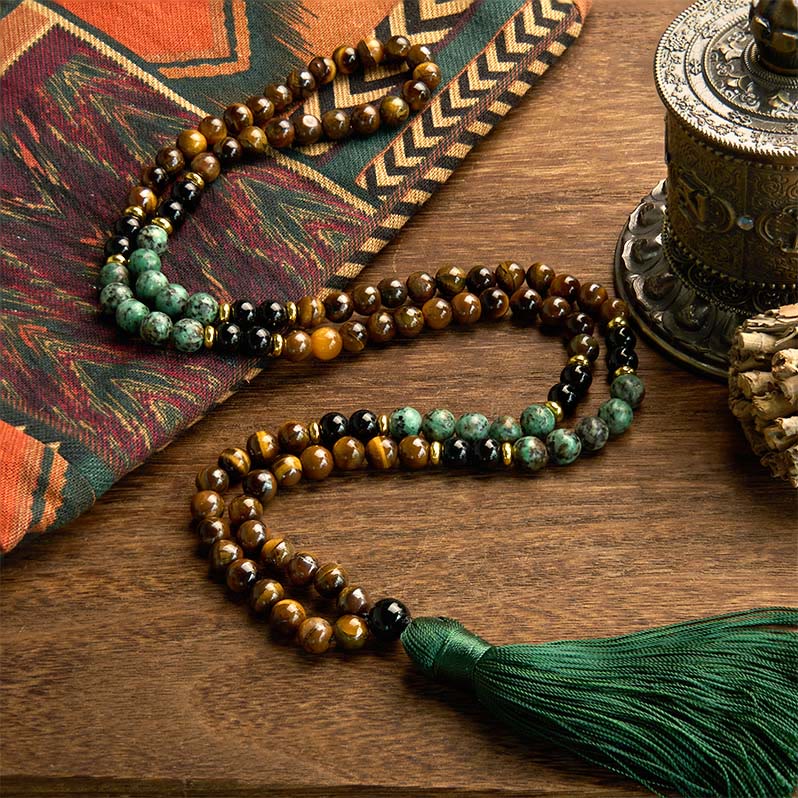 Buddha Stones 108 Mala Naturalny Kamień Tygrysie Oko Turkusowe Koraliki Bransoletka Ochronna Chwostów
