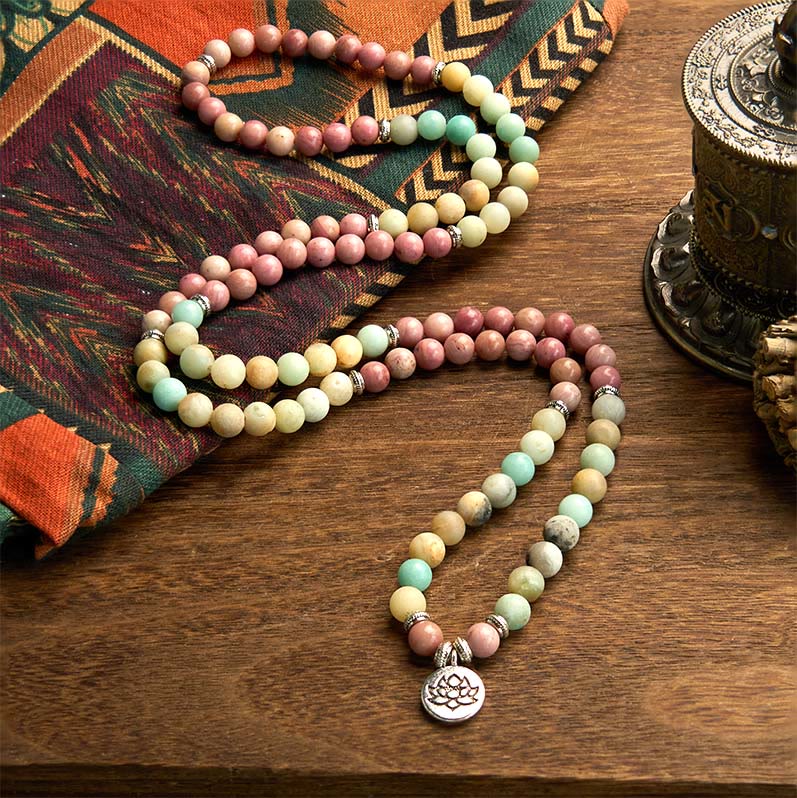 Buddha Stones 108 Mala Rodonit Amazonit Koraliki Bransoletka Lotus Compassion