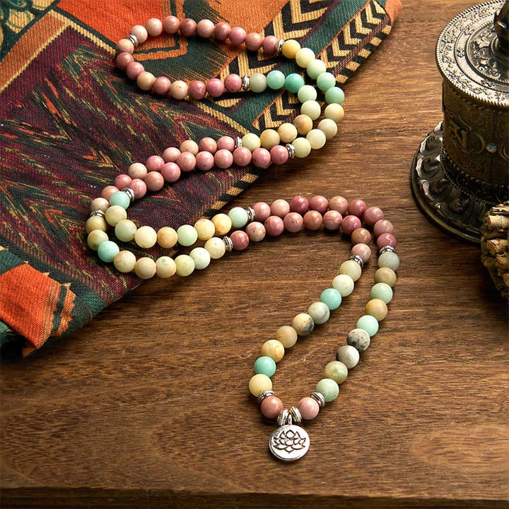 Buddha Stones 108 Mala Rodonit Amazonit Koraliki Bransoletka Lotus Compassion