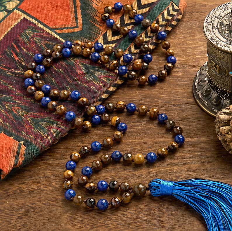 Buddha Stones 108 Koraliki Naturalny Kamień Tygrysie Oko Lazuryt Mala Tassel Bransoletka Ochronna