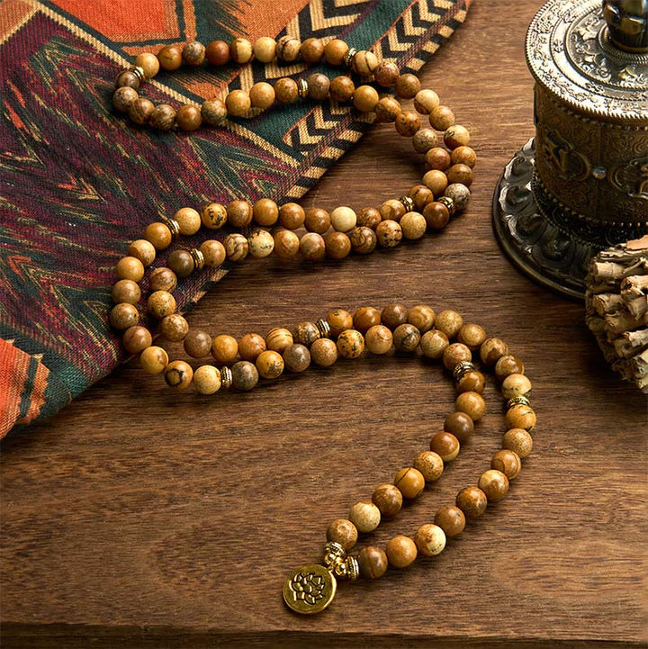 Buddha Stones 108 Koralików Obraz Jaspis Mala Lotus Bransoletka Odwaga