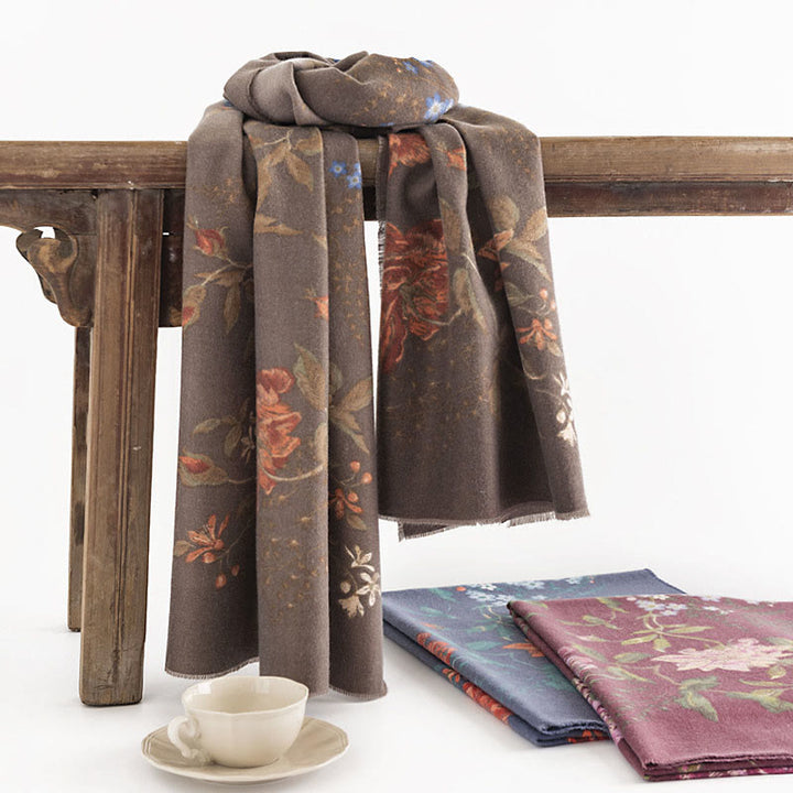 Buddha Stones Tybetański Wielokwiatowy Wzór Róży Wzór Szal Jesień Zima Przytulny Ciepły Szalik Otulacz - Ciemna nawłoć 190*65cm - image 0