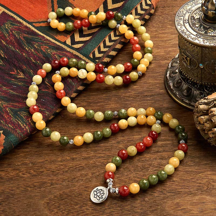 Buddha Stones 108 Koraliki Mala Naturalny Kolorowy Kamień Topaz Czerwony Jaspis Zielony Jaspis Bransoletka Ochronna Lotosu