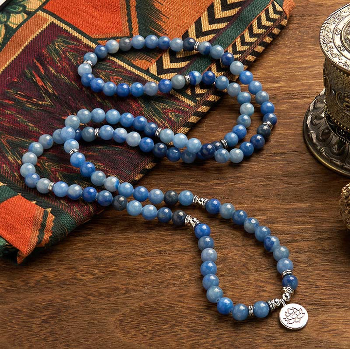 Buddha Stones 108 Koraliki Mala Wielowarstwowa Naturalna Niebieska Bransoletka Awenturyn Lotos Spokój