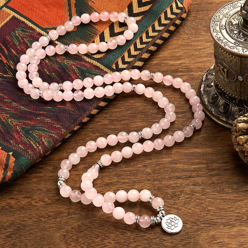 Buddha Stones 108 Koraliki Mala Naturalny Kamień Kwarc Różowy Lotos Bransoletka Spokoju