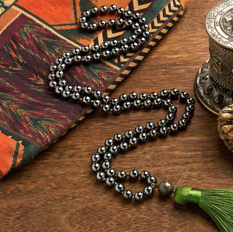 Buddha Stones 108 Mala Koraliki Naturalny Kamień Hematyt Tassel Potężna Bransoletka