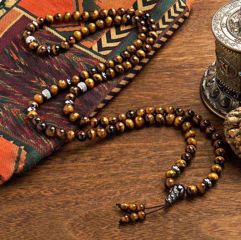 Buddha Stones 108 Koraliki Mala Naturalny Kamień Tygrysie Oko Wieloobrotowa Bransoletka Ochronna