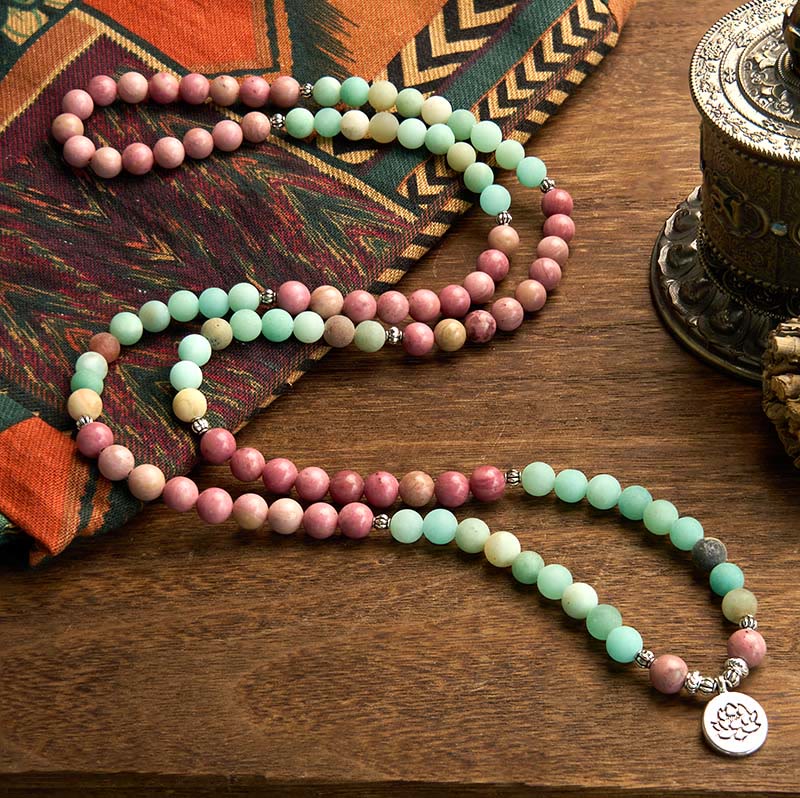 Buddha Stones 108 Mala Beads Rodonit Amazonit Bransoletka lecznicza Lotus