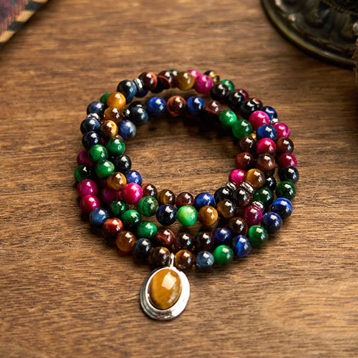 Buddha Stones 108 Mala Beads Naturalne Kolorowe Tygrysie Oko Kamień Wieloobrotowa Bransoletka Ochronna - Kolorowe tygrysie oko (obwód nadgarstka: 14-16 cm) - image 0