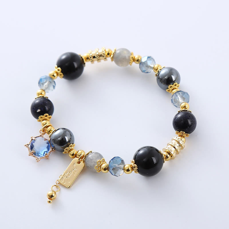Bransoletka Buddha Stones Natural Black Obsidian Hematyt Blue Sandstone Strength