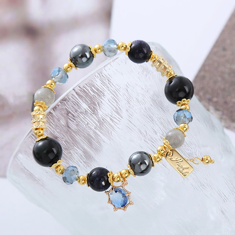 Bransoletka Buddha Stones Natural Black Obsidian Hematyt Blue Sandstone Strength