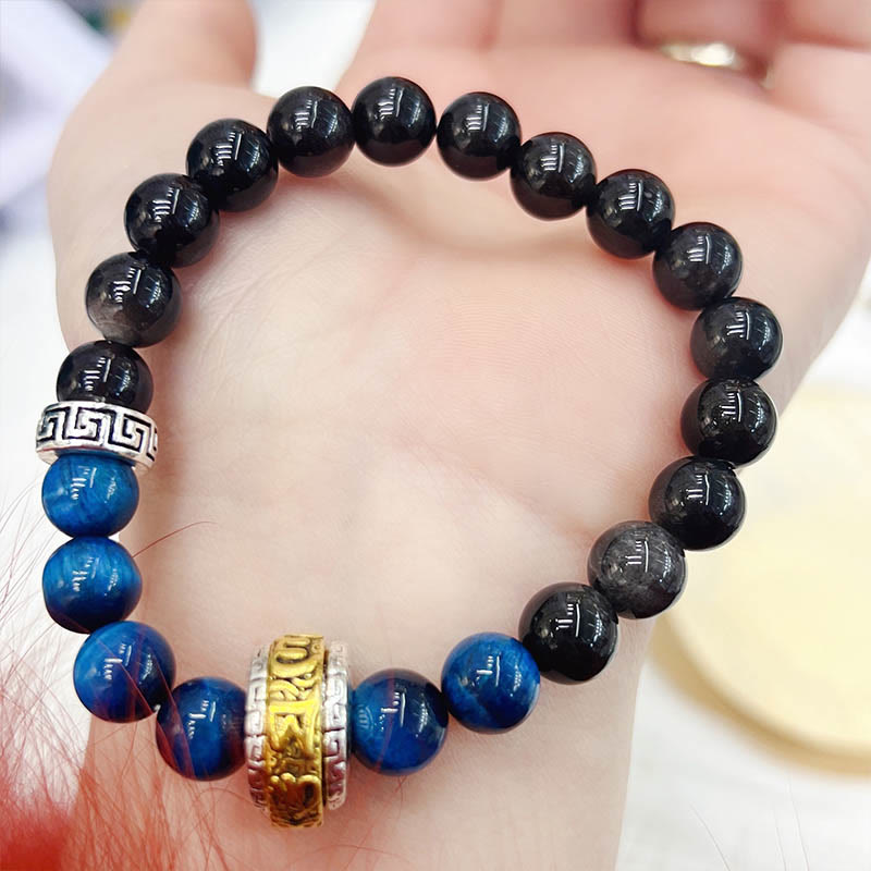 Bransoletka ochronna Buddha Stones Silver Sheen z obsydianu i niebieskiego tygrysiego oka