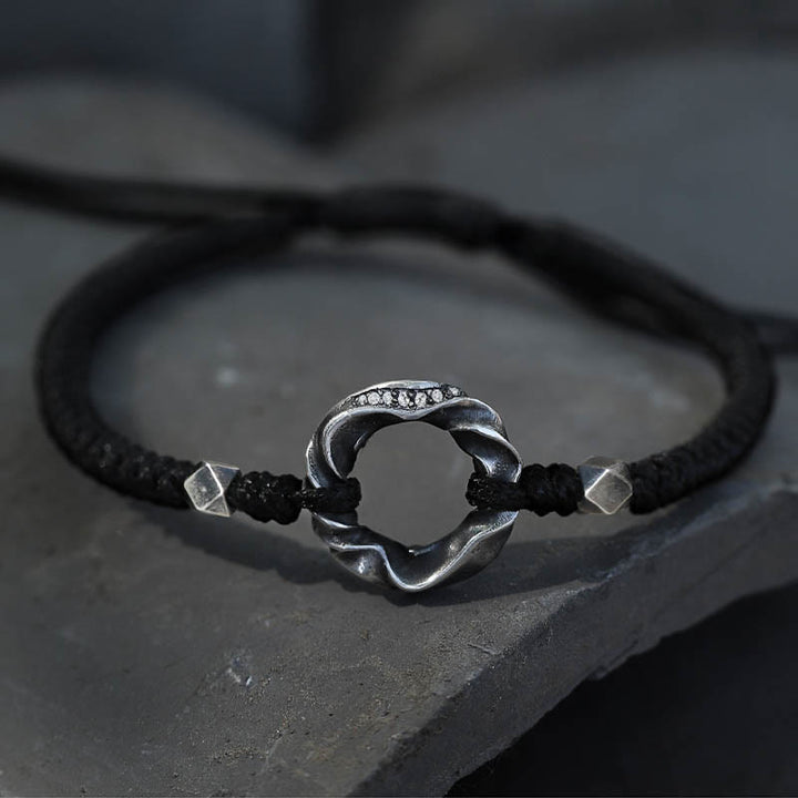 Bransoletka ochronna Buddha Stones ze srebra próby 999 Peace Buckle z czarnej woskowanej liny