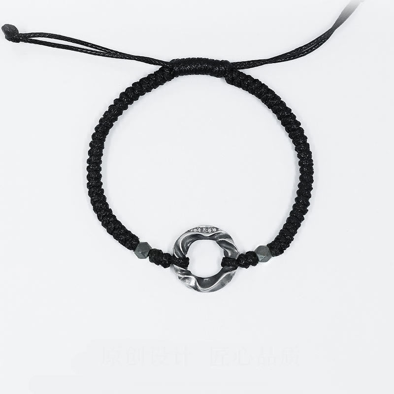 Bransoletka ochronna Buddha Stones ze srebra próby 999 Peace Buckle z czarnej woskowanej liny