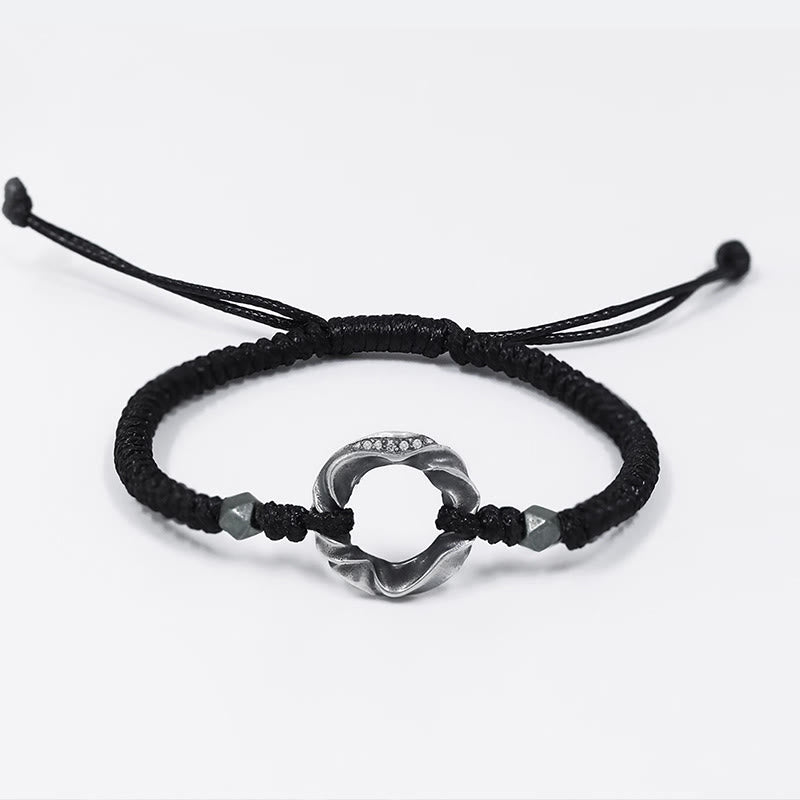 Bransoletka ochronna Buddha Stones ze srebra próby 999 Peace Buckle z czarnej woskowanej liny