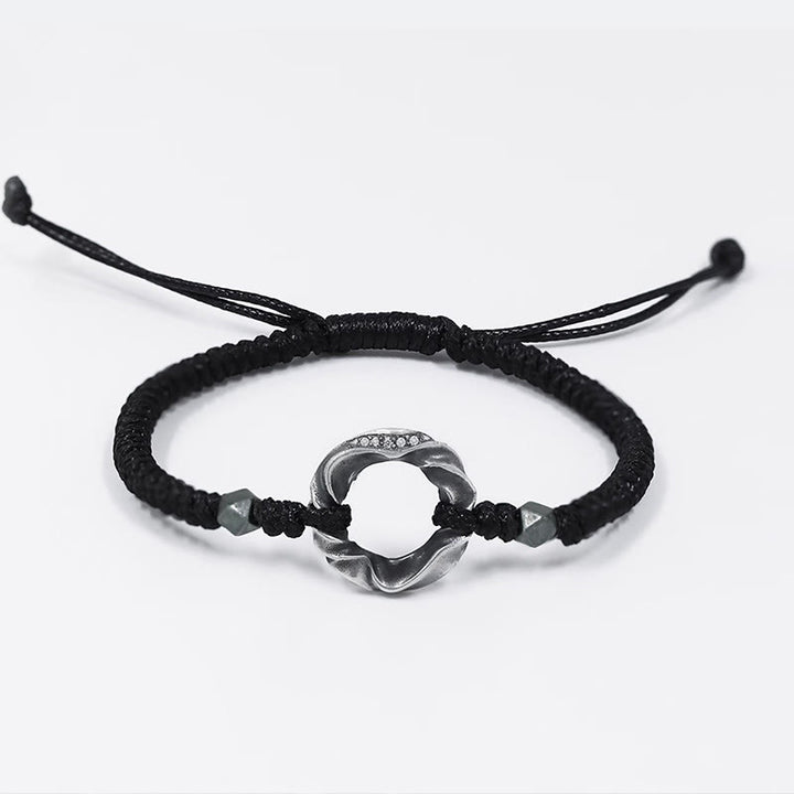 Bransoletka ochronna Buddha Stones ze srebra próby 999 Peace Buckle z czarnej woskowanej liny