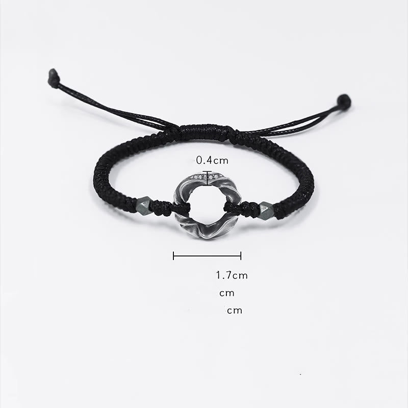 Bransoletka ochronna Buddha Stones ze srebra próby 999 Peace Buckle z czarnej woskowanej liny