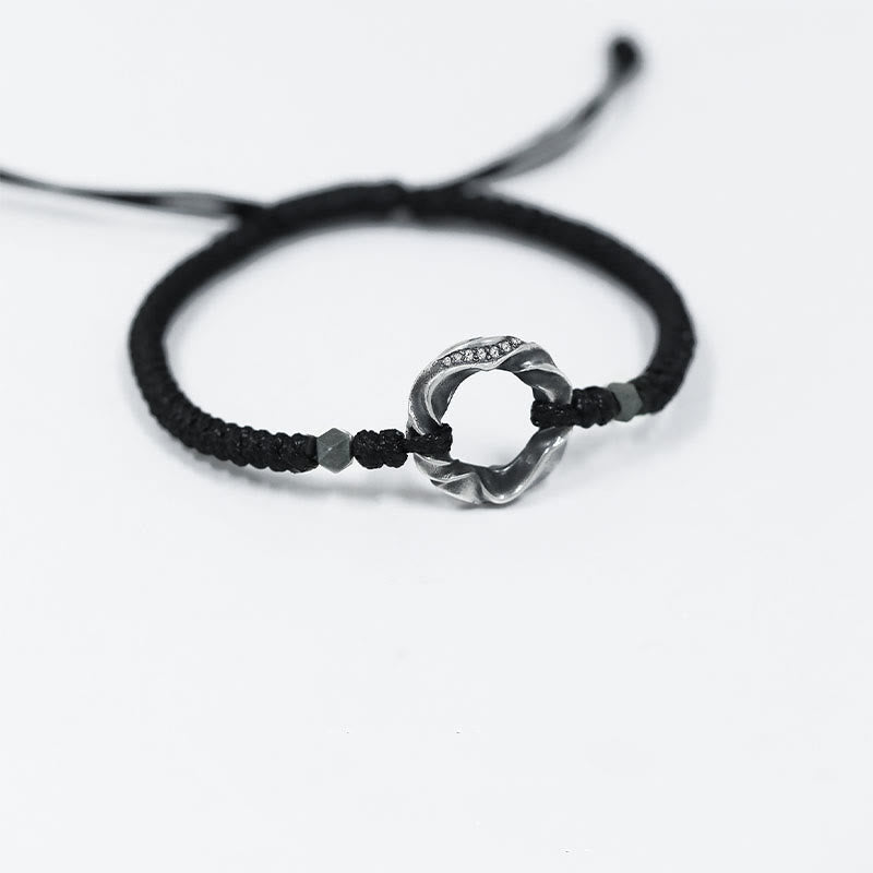 Bransoletka ochronna Buddha Stones ze srebra próby 999 Peace Buckle z czarnej woskowanej liny