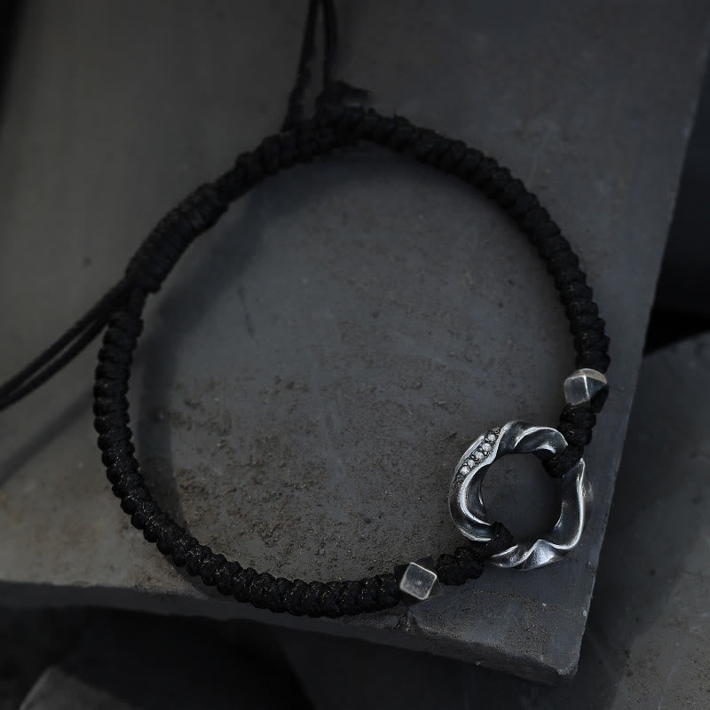 Bransoletka ochronna Buddha Stones ze srebra próby 999 Peace Buckle z czarnej woskowanej liny - image 1