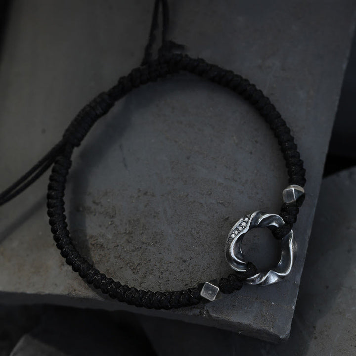 Bransoletka ochronna Buddha Stones ze srebra próby 999 Peace Buckle z czarnej woskowanej liny
