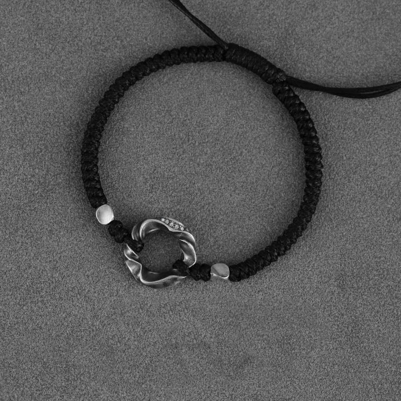 Bransoletka ochronna Buddha Stones ze srebra próby 999 Peace Buckle z czarnej woskowanej liny