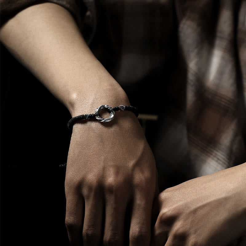 Bransoletka ochronna Buddha Stones ze srebra próby 999 Peace Buckle z czarnej woskowanej liny - image 16