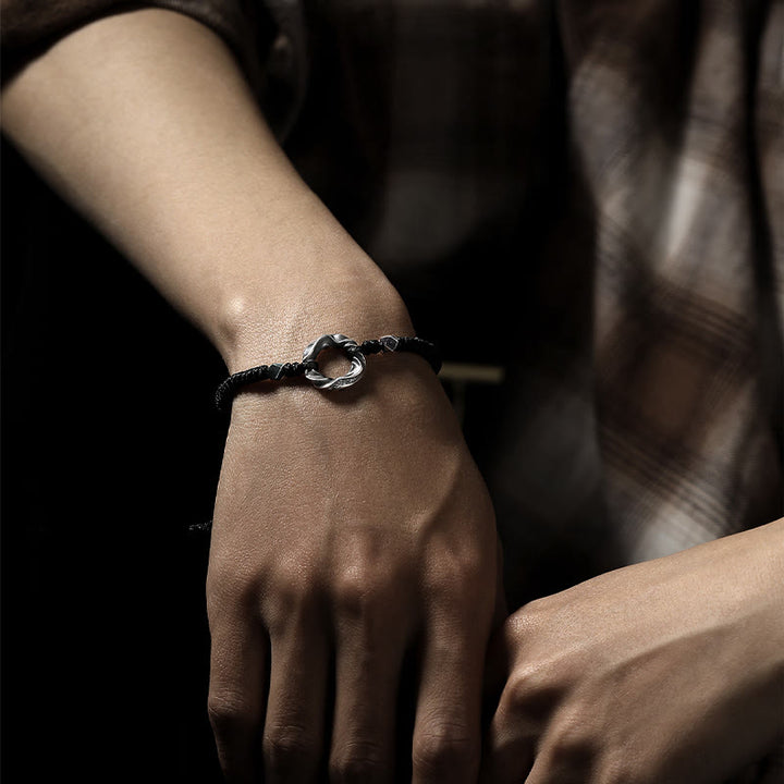 Bransoletka ochronna Buddha Stones ze srebra próby 999 Peace Buckle z czarnej woskowanej liny - image 16