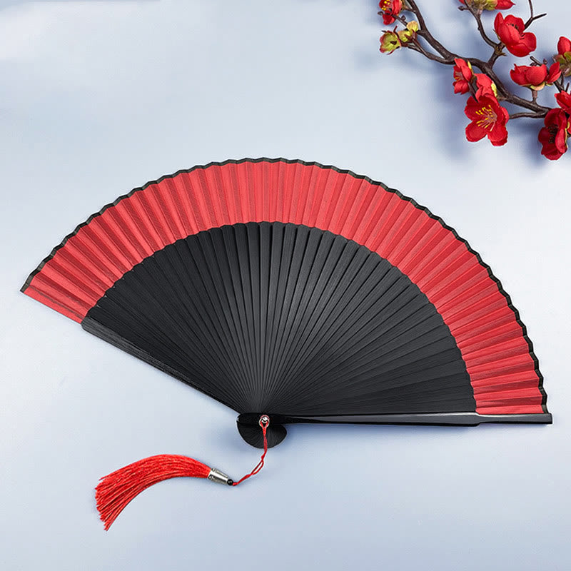 Buddha Stones Kwiat Królik Malowanie natryskowe Ręczny Bawełniany Lniany Tkanina Bambusowy Składany Wentylator - Czerwono-czarny 23cm - image 3