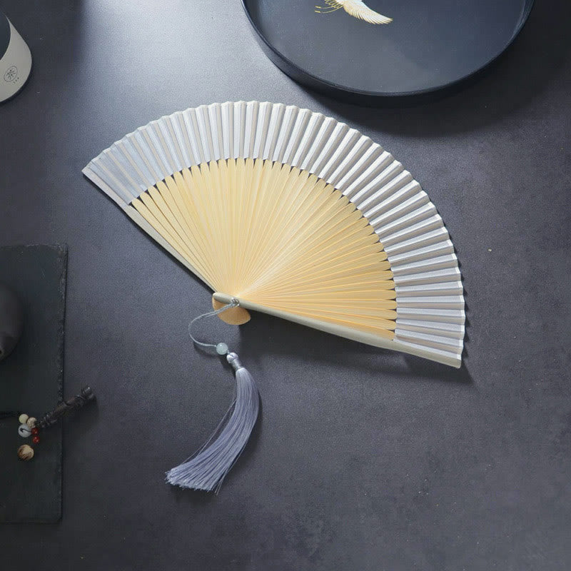 Buddha Stones Kwiat Zwykły Ręczny Poliester Chwost Bambusowy Składany Wachlarz 21 cm