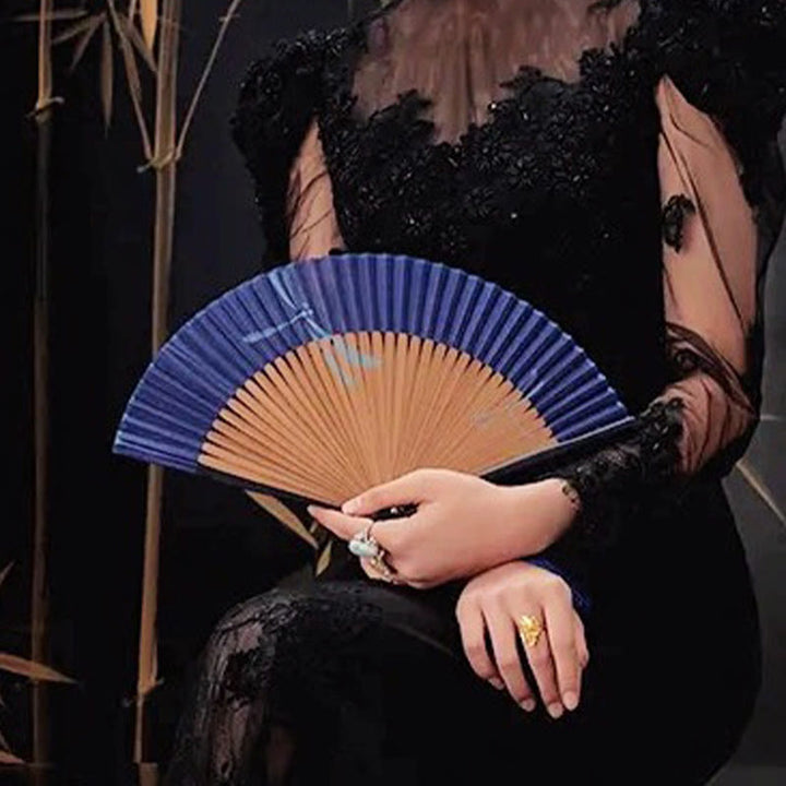 Buddha Stones Ważka Ręczny Poliester Chwost Bambusowy Składany Wachlarz 22 cm