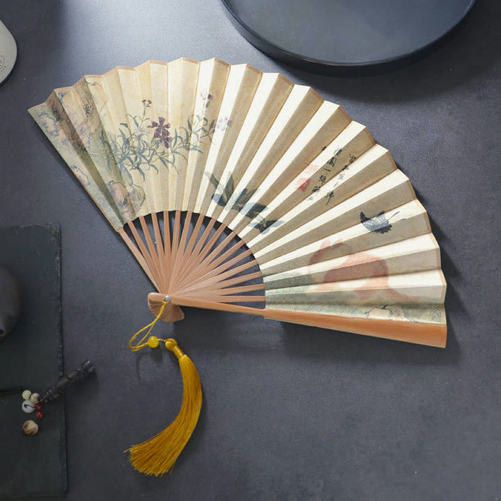 Buddha Stones Motyl Kot Kwiat Ręczny Bawełna Lniana Tkanina Bambus Składany Wentylator