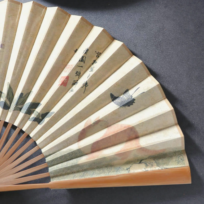 Buddha Stones Motyl Kot Kwiat Ręczny Bawełna Lniana Tkanina Bambus Składany Wentylator