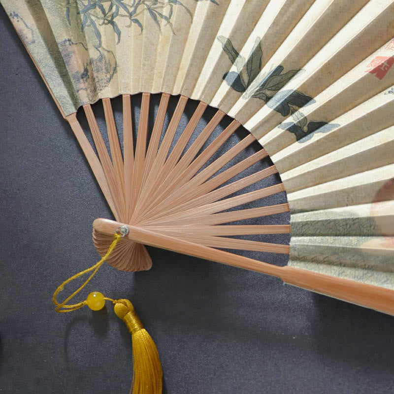 Buddha Stones Motyl Kot Kwiat Ręczny Bawełna Lniana Tkanina Bambus Składany Wentylator