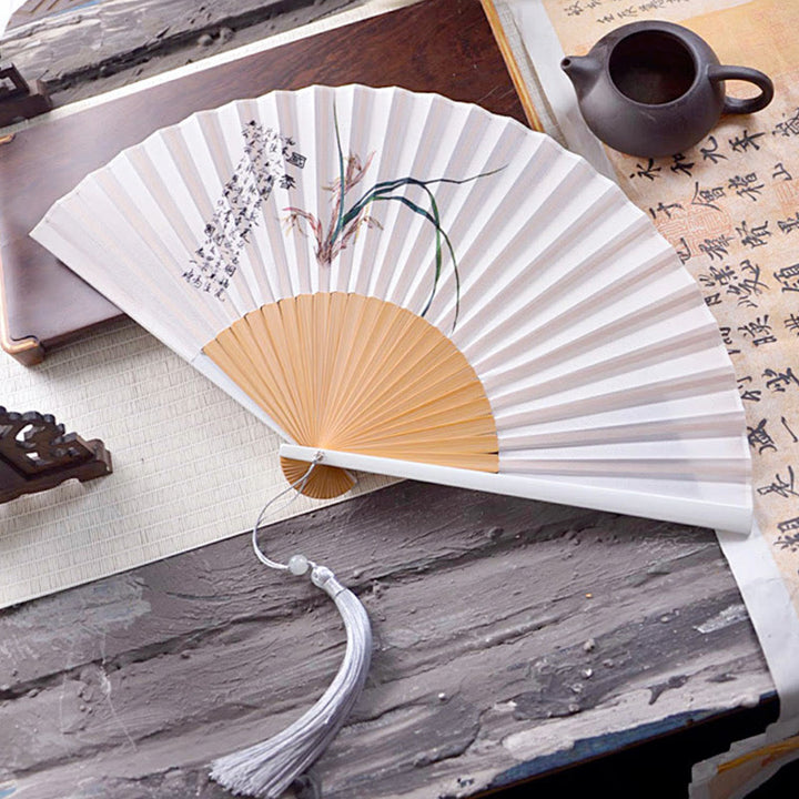 Buddha Stones Chińskie Znaki Malowanie Tuszem Kwiat Lotosu Liść Krajobraz Ręczny Huayao Krepa Poliester Bambus Składany Wentylator 23,3 cm