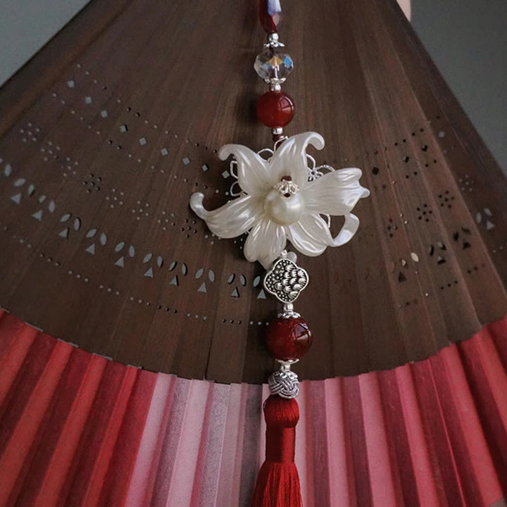 Buddha Stones Ręczny wachlarz składany z bambusa, z frędzlami i prążkami z jedwabiu Red Lily Tassel Hollow Rib - image 12