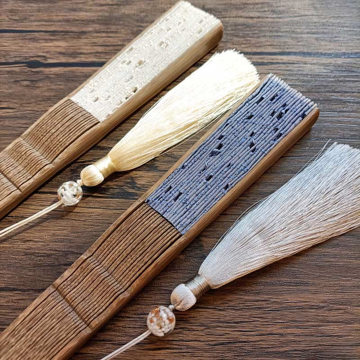 Buddha Stones Jednolity Kolor Puste Kwiaty Haft Bawełniana Tkanina Ręczny Składany Wentylator Bambusowy