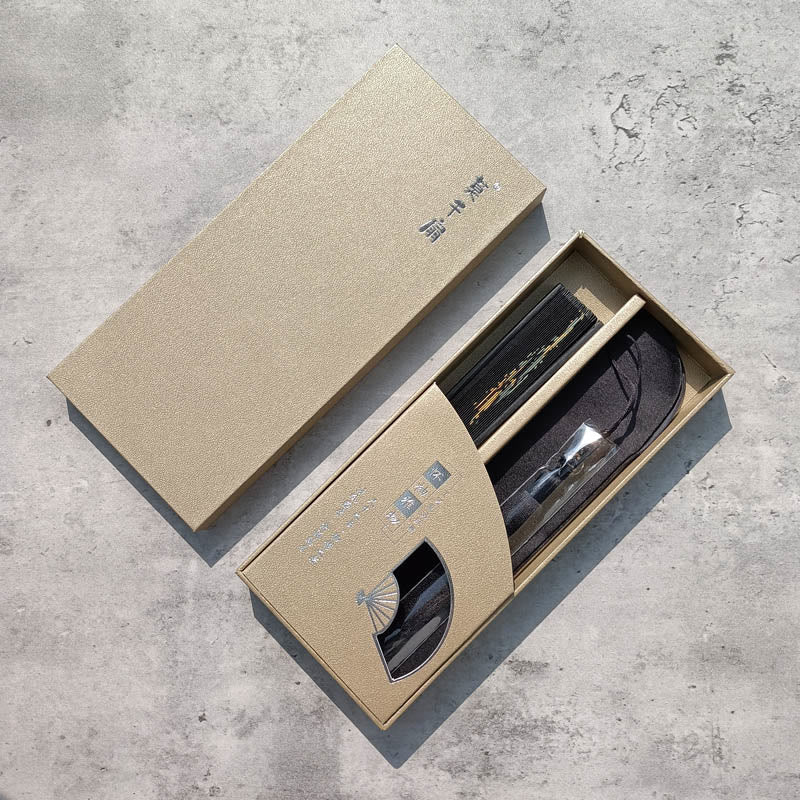 Buddha Stones Czarny Bambus Liść Nadruk Jedwab Ręczny Składany Wachlarz Bambusowy