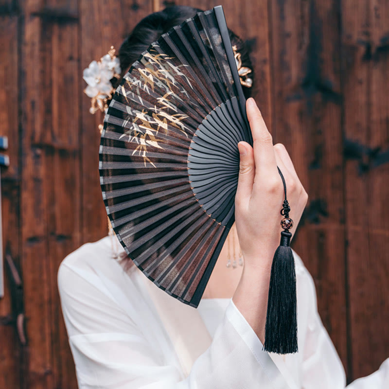 Buddha Stones Czarny Bambus Liść Nadruk Jedwab Ręczny Składany Wachlarz Bambusowy